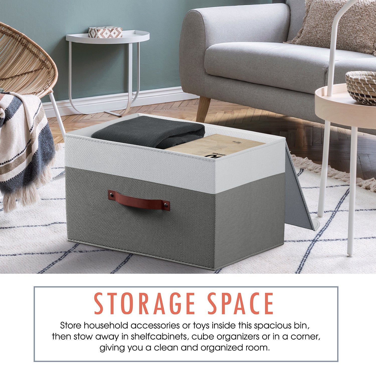 Foldable Linen XLarge Storage Bin with Leather Handles and Lid - Set of 3