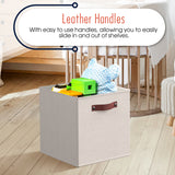 Foldable Linen Storage Cube Bin with Leather Handles - 13 Inch - Set of 6