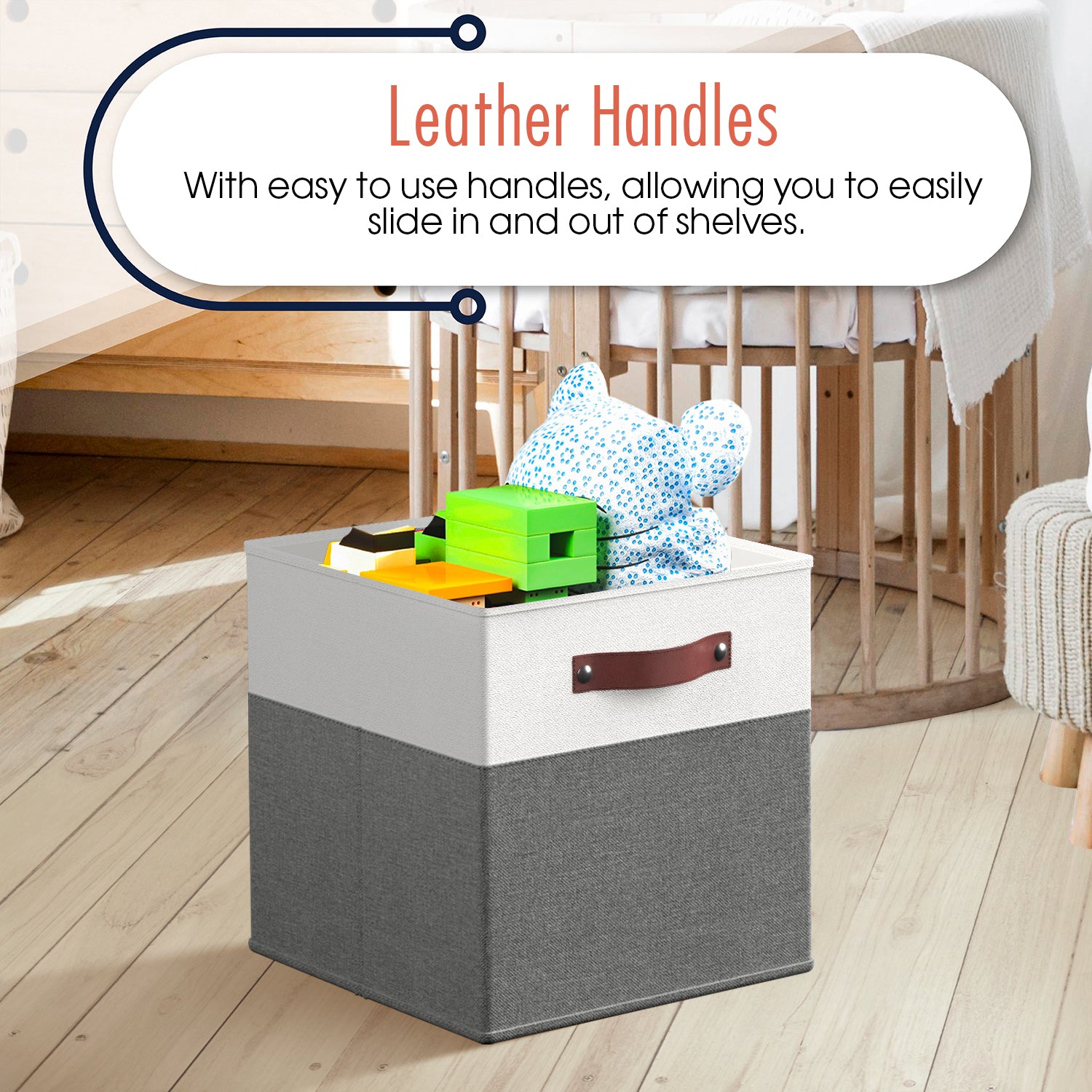Foldable Linen Storage Cube Bin with Leather Handles - 13 Inch - Set of 6