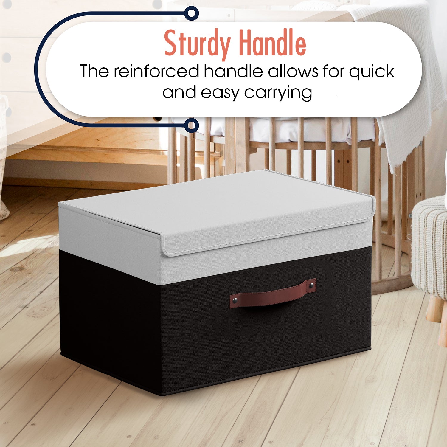 Foldable Linen XLarge Storage Bin with Leather Handles and Lid - Set of 3