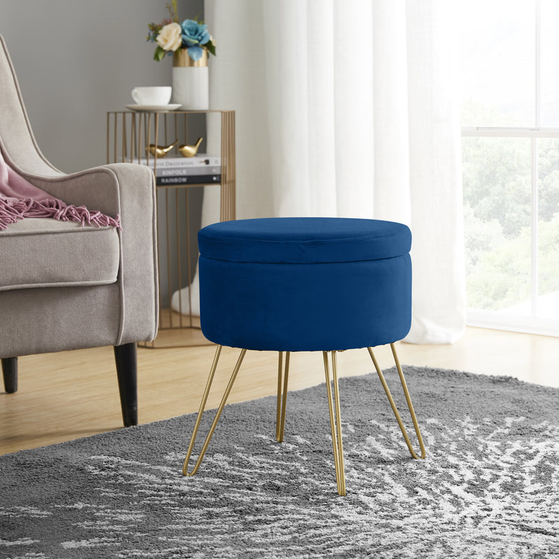 Round Velvet Storage Ottoman - Navy