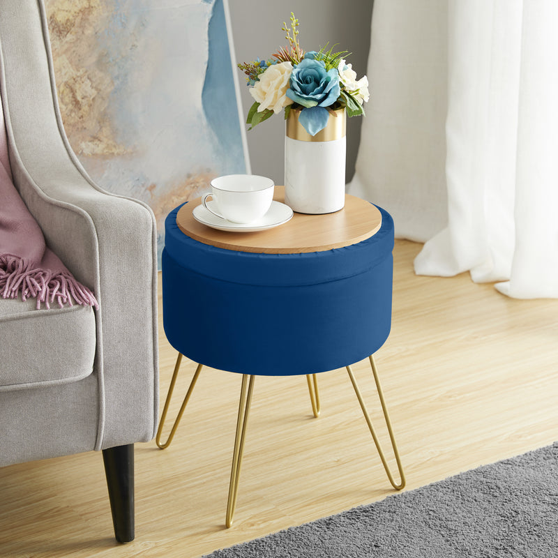 Round Velvet Storage Ottoman - Navy