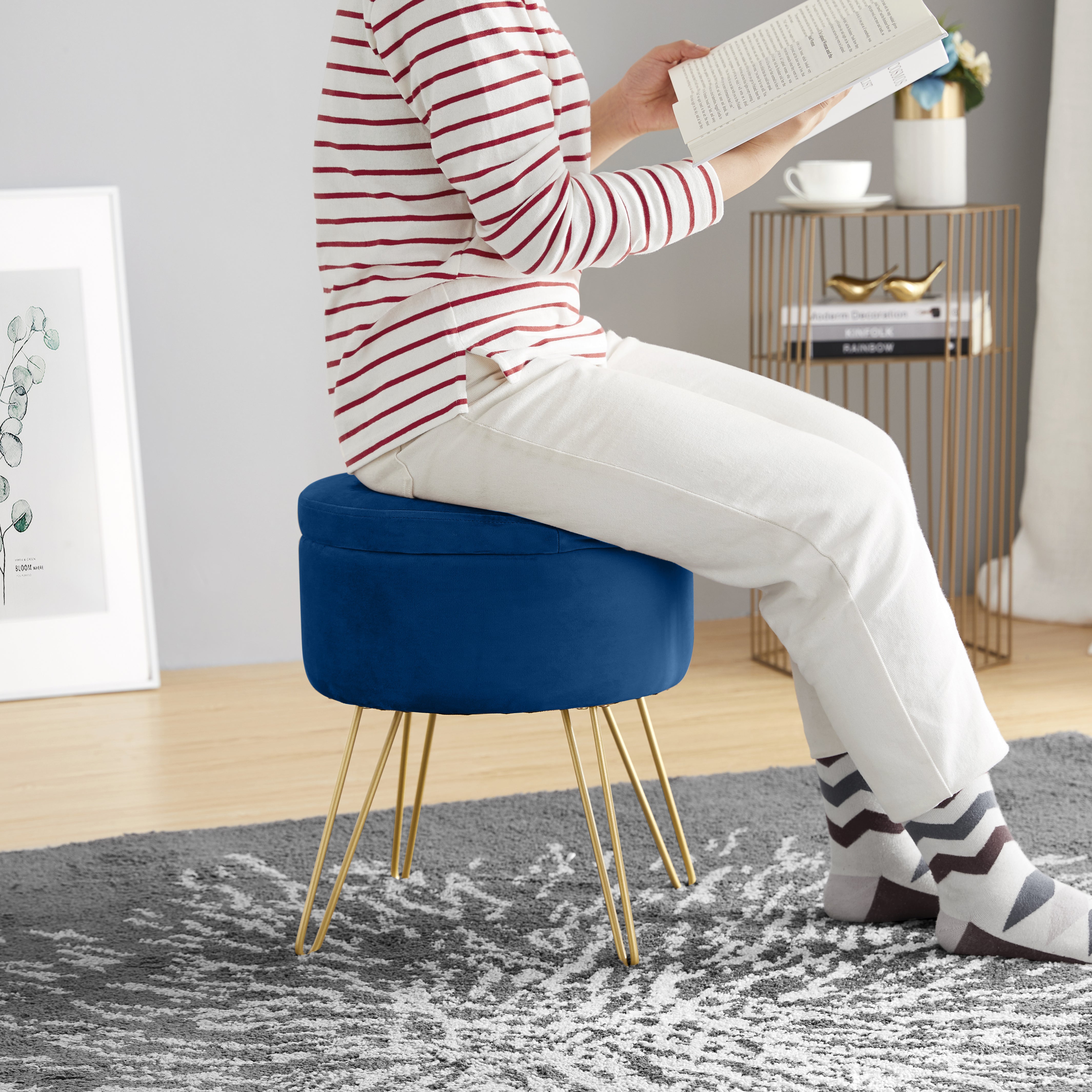 Round Velvet Storage Ottoman - Navy