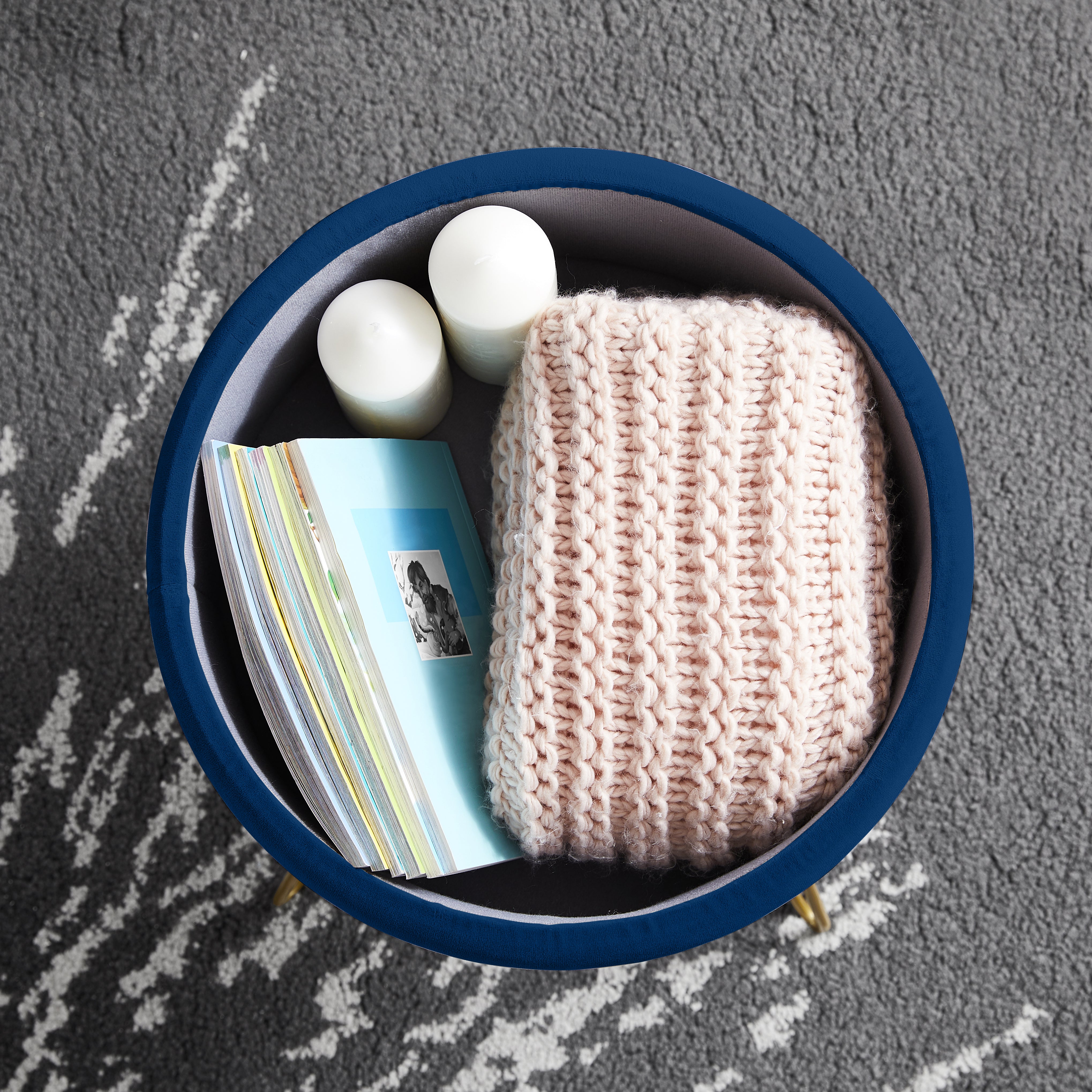 Round Velvet Storage Ottoman - Navy