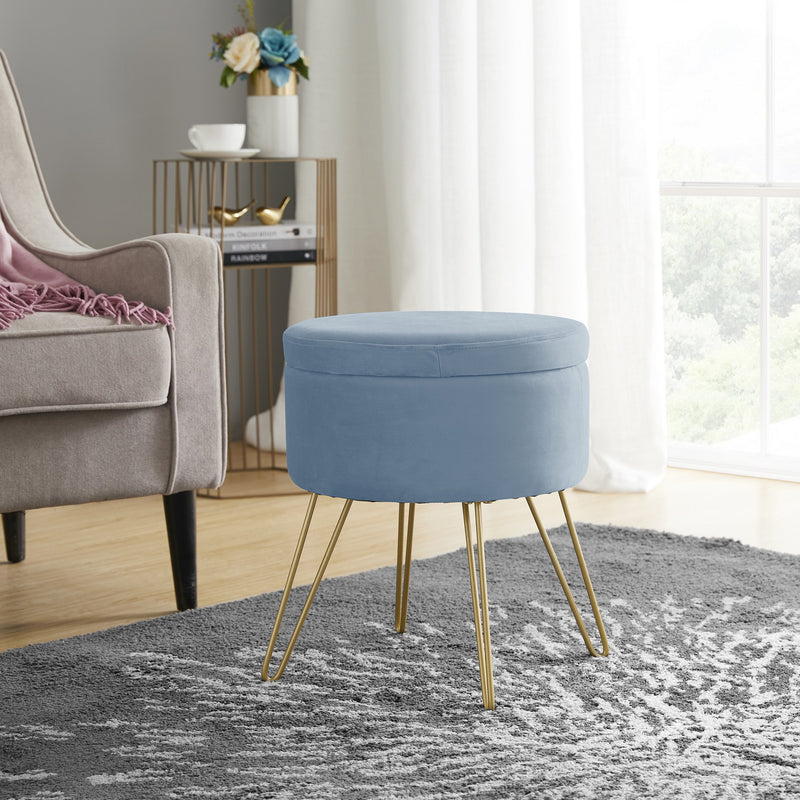 Round Velvet Storage Ottoman - Dusty Blue