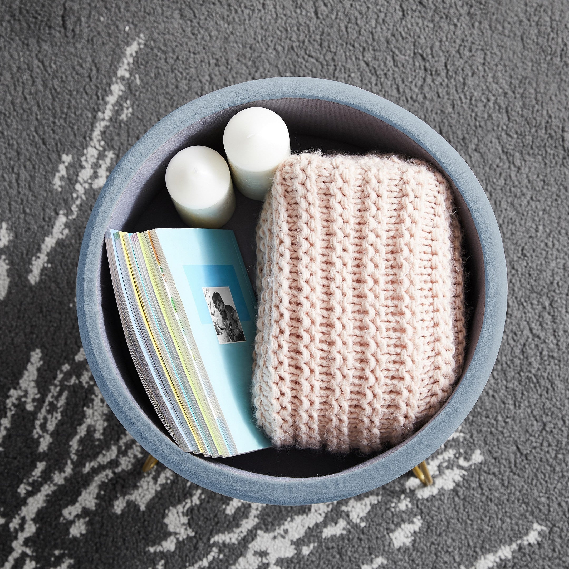 Round Velvet Storage Ottoman - Dusty Blue
