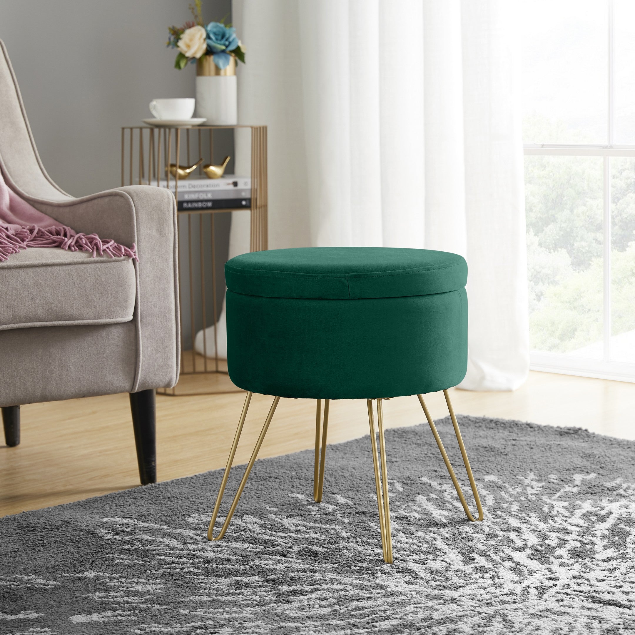 Round Velvet Storage Ottoman - Emerald Green
