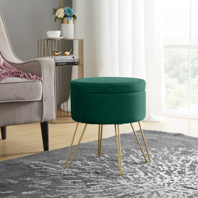 Round Velvet Storage Ottoman - Emerald Green