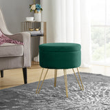 Round Velvet Storage Ottoman - Emerald Green
