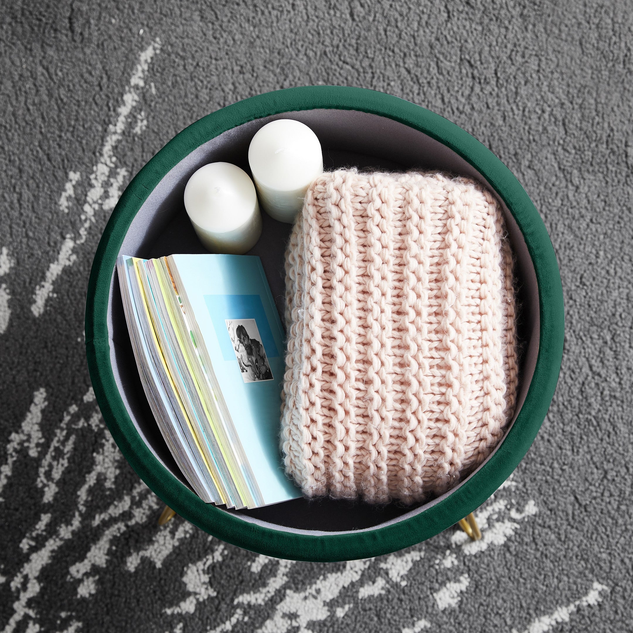 Round Velvet Storage Ottoman - Emerald Green