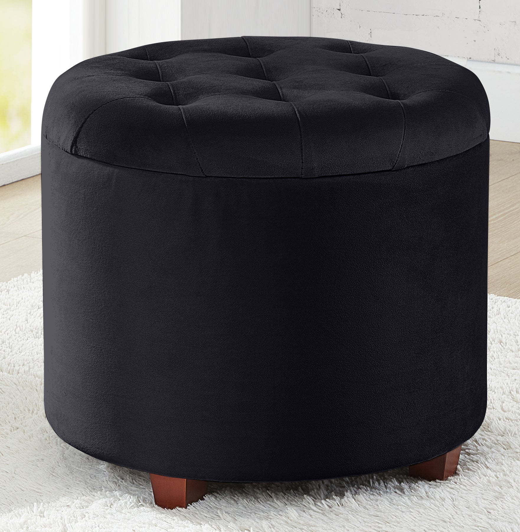 Donovan Round Tufted Velvet Storage Ottoman - Black