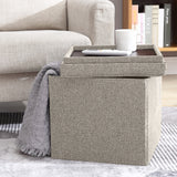 Foldable Tufted Linen Square Storage Ottoman with Table Top Lid - Beige