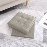 Foldable Tufted Linen Square Storage Ottoman with Table Top Lid - Beige