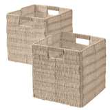Foldable Paper Wicker Storage Shelf Basket Cube Bin with Handles - Set of 2