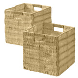 Foldable Paper Wicker Storage Shelf Basket Cube Bin with Handles - Set of 2