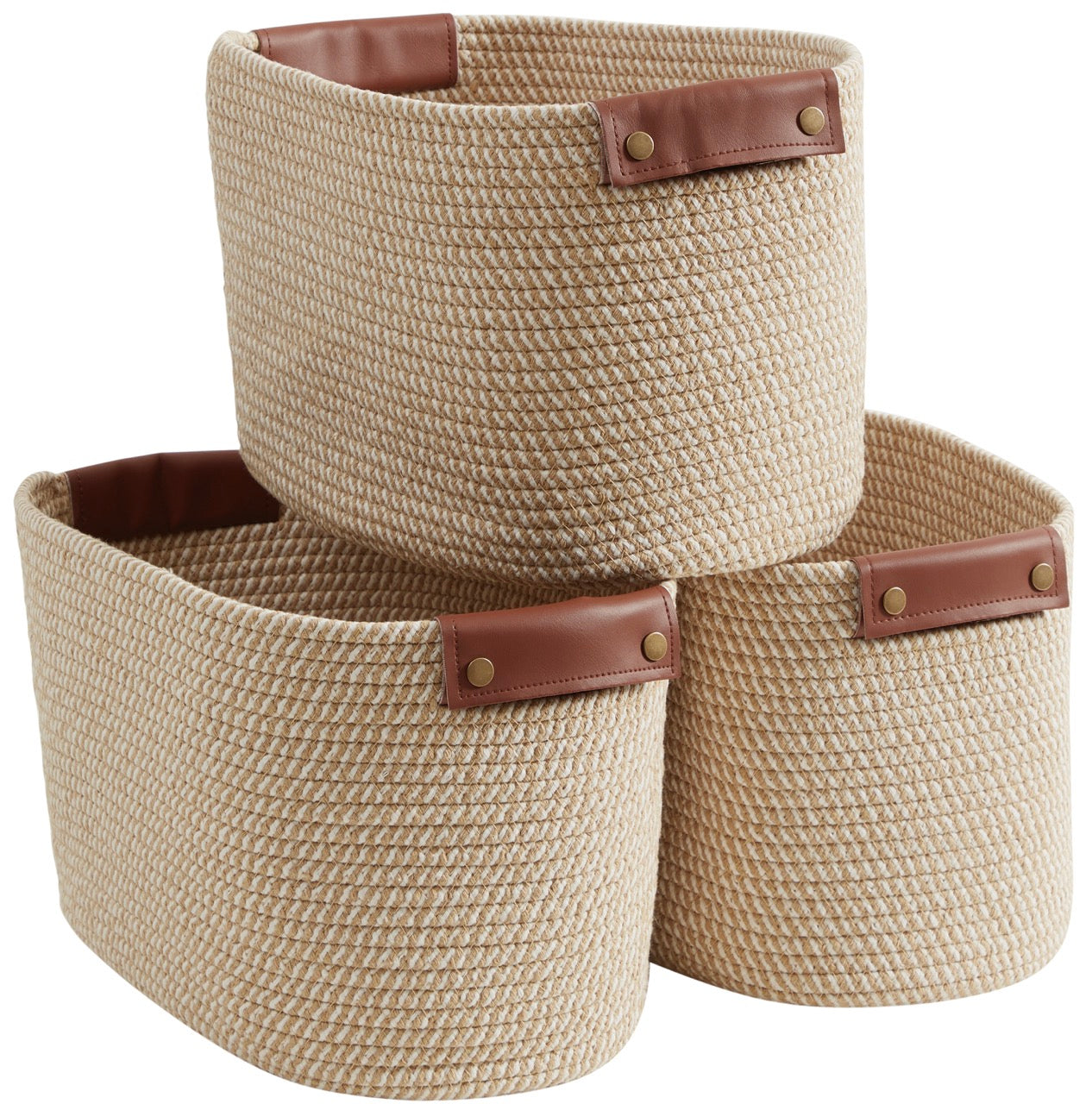 Pack Woven Cotton Rope Shelf Storage Basket with Leather Handles