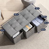 Foldable Tufted Linen Long Bench Storage Ottoman with 3 Drawers - Gray