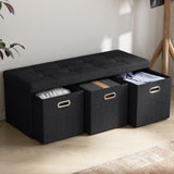 Foldable Tufted Linen Long Bench Storage Ottoman with 3 Drawers - Black