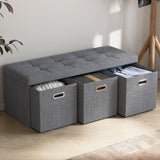 Foldable Tufted Linen Long Bench Storage Ottoman with 3 Drawers - Gray