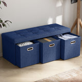 Foldable Tufted Linen Long Bench Storage Ottoman with 3 Drawers - Navy