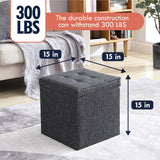Foldable Tufted Linen Square Storage Ottoman with Table Top Lid - Black