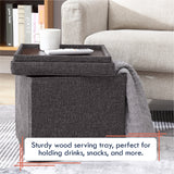 Foldable Tufted Linen Square Storage Ottoman with Table Top Lid - Charcoal Gray