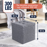 Foldable Tufted Linen Square Storage Ottoman with Table Top Lid - Gray