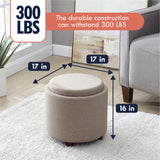 Lawrence Round Linen Storage Ottoman with Table Top Lid - Beige