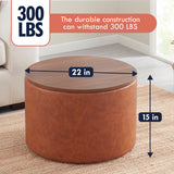 Parker Round Faux Leather Coffee Table Storage Ottoman - Cognac