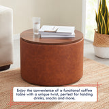 Parker Round Faux Leather Coffee Table Storage Ottoman - Cognac