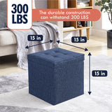 Foldable Tufted Linen Square Storage Ottoman with Table Top Lid - Navy Blue