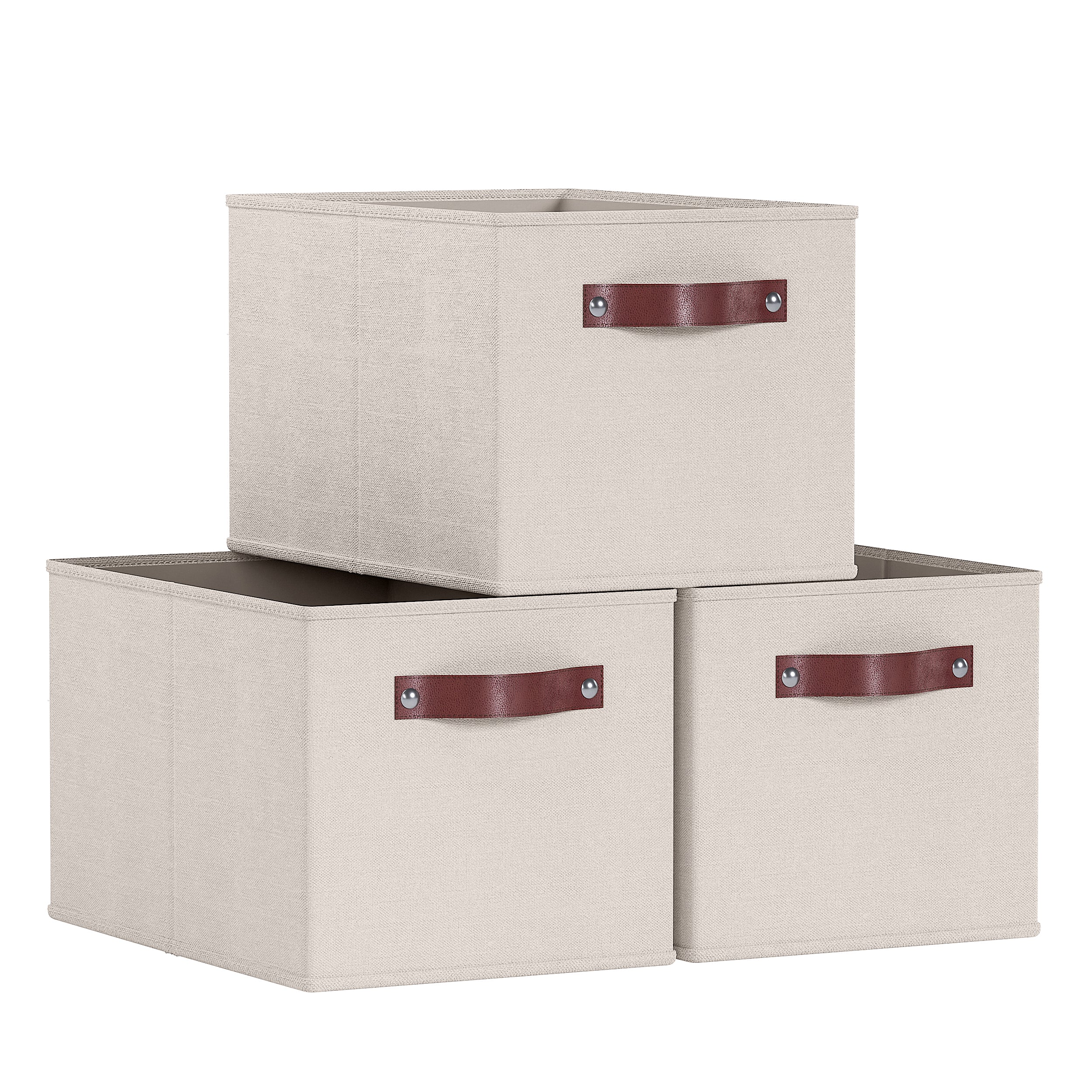 Ornavo Home Foldable Large Storage Bin with Handles and Lid - Set of 3 - Beige