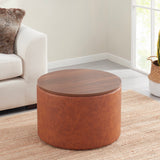 Parker Round Faux Leather Coffee Table Storage Ottoman - Cognac