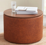 Parker Round Faux Leather Coffee Table Storage Ottoman - Cognac