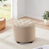 Donovan Round Tufted Linen Storage Ottoman - Beige