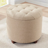 Donovan Round Tufted Linen Storage Ottoman - Beige