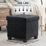 Foldable Tufted 15 Inch Square Linen Storage Ottoman with Legs - Black