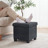 Foldable Tufted 15 Inch Square Linen Storage Ottoman with Legs - Black