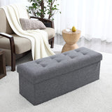 Foldable Tufted Linen Long Bench Storage Ottoman - Gray