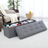 Foldable Tufted Linen Long Bench Storage Ottoman - Gray