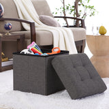 Foldable Tufted Linen Square Storage Ottoman - Charcoal Gray