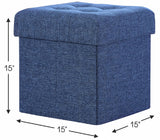 Foldable Tufted Linen Square Storage Ottoman - Navy Blue