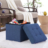 Foldable Tufted Linen Square Storage Ottoman - Navy Blue