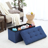 Foldable Tufted Linen Bench Storage Ottoman - Navy Blue