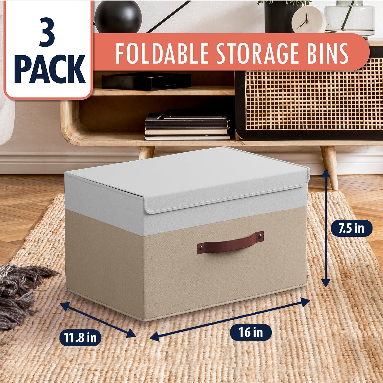 Ornavo Home Foldable Linen XLarge Storage Bin with Leather Handles and Lid - Set of 3 - White, Khaki